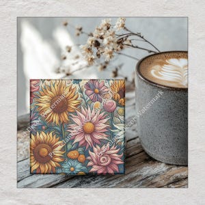 Flowers, Colorful Sunflowers, Coaster Set, Tempered Glass Coaster with Rubber Feet, 4 in x 4 in, Set of 4, FLOWER008