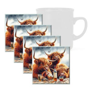 Highland Cows Drinking Alcohol, Tempered Glass Coaster with Rubber Feet, 4 in x 4 in, Set of 4, ANIMAL018