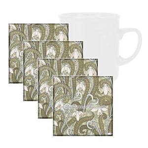 White Flowers William Morris Coaster Set, Tempered Glass Coaster with Rubber Feet, 4 in x 4 in, Set of 4, Art Nouveau Decor, FAMART010
