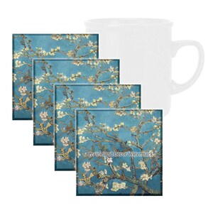 Almond Branches by Van Gogh Coaster Set, Tempered Glass Coaster with Rubber Feet, 4 in x 4 in, Set of 4, FAMART004