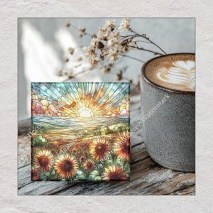 Field of Sunflowers with Stained Glass Effect, Coaster Set, Tempered Glass Coaster with Rubber Feet, 4 in x 4 in, Set of 4, FLOWER049