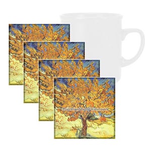 Mulberry Tree by Van Gogh Coaster Set, Tempered Glass Coaster with Rubber Feet, 4 in x 4 in, Set of 4, FAMART002