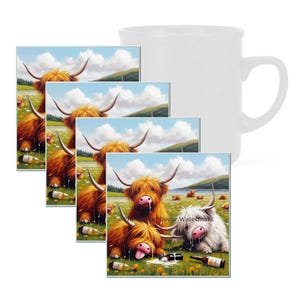 Funny Highland Cows Drinking, Tempered Glass Coaster with Rubber Feet, 4 in x 4 in, Set of 4, ANIMAL001