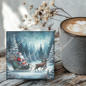 Christmas Decoration, Santa Sled and Reindeer, Coaster Set, Tempered Glass Coaster with Rubber Feet, 4 in x 4 in, Set of 4, XMAS003