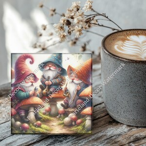 Happy Gnomes with Mushrooms, Coaster Set, Tempered Glass Coaster with Rubber Feet, 4 in x 4 in, Set of 4, MYTH031