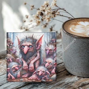 Creepy Ugly Gnomes, Coaster Set, Tempered Glass Coaster with Rubber Feet, 4 in x 4 in, Set of 4, MYTH013