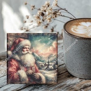 Christmas Decoration, Vintage Christmas Santa Claus, Coaster Set, Tempered Glass Coaster with Rubber Feet, 4 in x 4 in, Set of 4, XMAS009