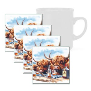 Highland Cows Drinking Alcohol, Tempered Glass Coaster with Rubber Feet, 4 in x 4 in, Set of 4, ANIMAL019