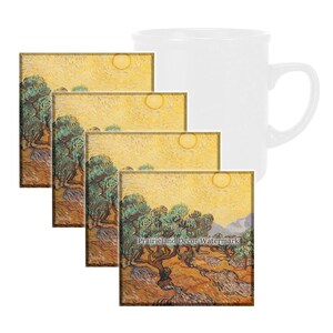 Olive Trees by Van Gogh Coaster Set, Tempered Glass Coaster with Rubber Feet, 4 in x 4 in, Set of 4, FAMART003
