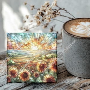 Field of Sunflowers with Stained Glass Effect, Coaster Set, Tempered Glass Coaster with Rubber Feet, 4 in x 4 in, Set of 4, FLOWER049