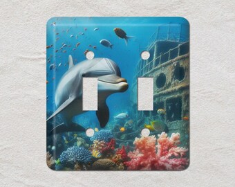 Wallplate Decor Metal Light Switch Cover - Ocean Dolphin & Fish Family Design (Blue, Stainless Steel)