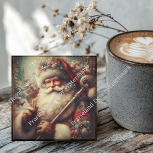 Christmas Decoration, Vintage Christmas Santa Claus, Coaster Set, Tempered Glass Coaster with Rubber Feet, 4 in x 4 in, Set of 4, XMAS010