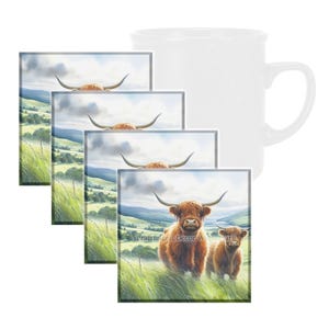 Highland Cows in Field, Tempered Glass Coaster with Rubber Feet, 4 in x 4 in, Set of 4, ANIMAL029