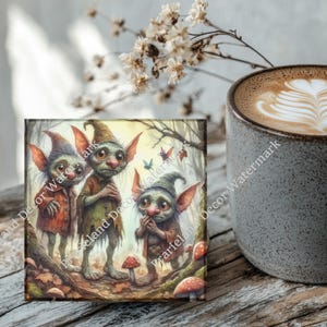 Creepy Ugly Gnomes, Coaster Set, Tempered Glass Coaster with Rubber Feet, 4 in x 4 in, Set of 4, MYTH009