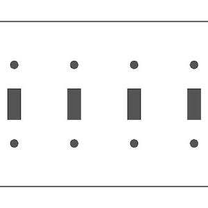 May include: A white electrical light switch plate with four toggle switches and four small circular holes. The switches and holes are dark gray. The plate has rounded corners.
