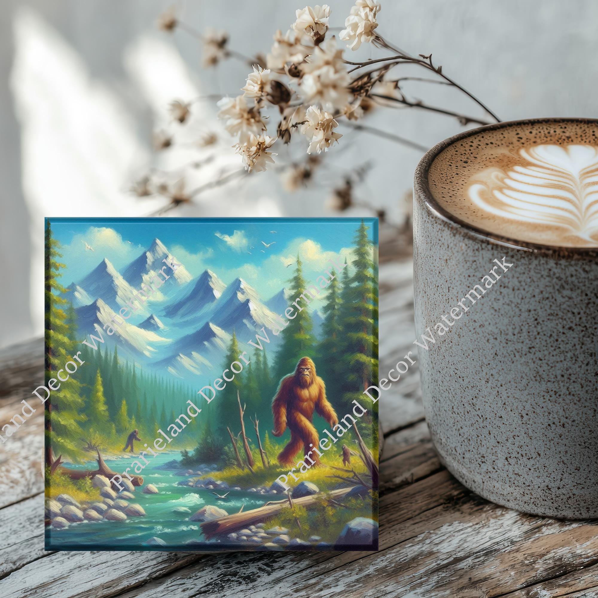 Sasquatch, Big Foot, Coaster Set, Tempered Glass Coaster with Rubber Feet, 4 in x 4 in, Set of 4, MYTH010