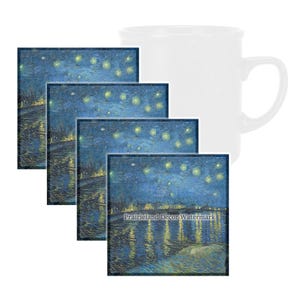 Starry Night Over the Rhone by Van Gogh Coaster Set, Tempered Glass Coaster with Rubber Feet, 4 in x 4 in, Set of 4, FAMART021