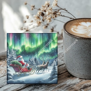 Christmas Decoration, Santa Sled and Reindeer, Coaster Set, Tempered Glass Coaster with Rubber Feet, 4 in x 4 in, Set of 4, XMAS002