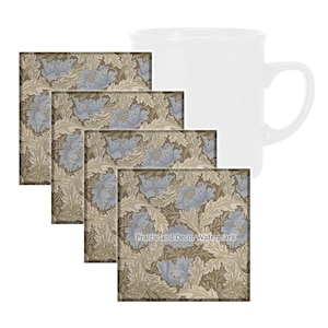 Wreath Leaves William Morris Coaster Set, Tempered Glass Coaster with Rubber Feet, 4 in x 4 in, Set of 4, Art Nouveau Decor, FAMART036