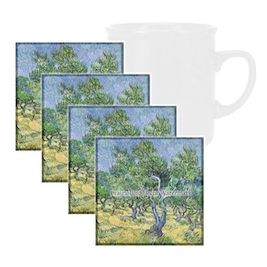 Olive Trees, Olive Groves by Van Gogh Coaster Set, Tempered Glass Coaster with Rubber Feet, 4 in x 4 in, Set of 4, FAMART029