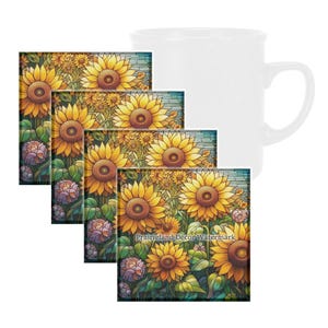 Flowers, Sunflowers Coaster Set, Tempered Glass Coaster with Rubber Feet, 4 in x 4 in, Set of 4, FLOWER006