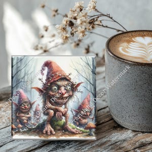Creepy Ugly Gnome, Coaster Set, Tempered Glass Coaster with Rubber Feet, 4 in x 4 in, Set of 4, MYTH007