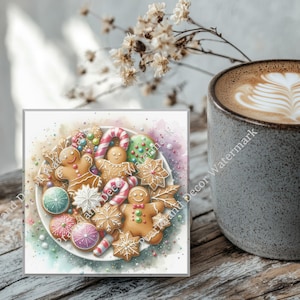 Christmas Cookies Pattern, Coaster Set, Tempered Glass Coaster with Rubber Feet, 4 in x 4 in, Set of 4, XMAS004