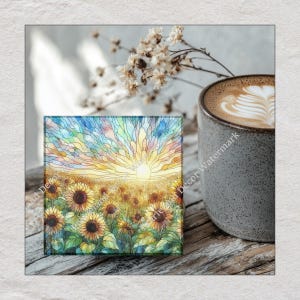 Field of Sunflowers with Stained Glass Effect, Coaster Set, Tempered Glass Coaster with Rubber Feet, 4 in x 4 in, Set of 4, FLOWER045