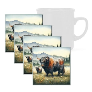 Farm Animals, Highland Cow in the Prairies, Tempered Glass Coaster with Rubber Feet, 4 in x 4 in, Set of 4, ANIMAL012