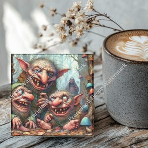 Creepy Ugly Gnomes, Coaster Set, Tempered Glass Coaster with Rubber Feet, 4 in x 4 in, Set of 4, MYTH015