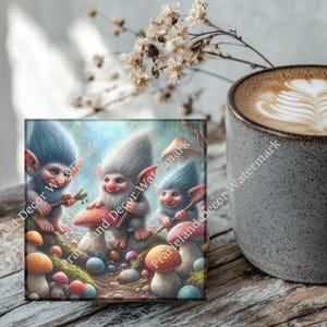 Gnomes with Mushrooms, Coaster Set, Tempered Glass Coaster with Rubber Feet, 4 in x 4 in, Set of 4, MYTH030