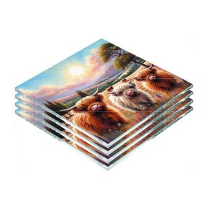 Highland Cows, Tempered Glass Coaster with Rubber Feet, 4 in x 4 in, Set of 4, ANIMAL080
