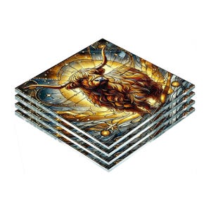 Highland Cow with Stained Glass Effect, Tempered Glass Coaster with Rubber Feet, 4 in x 4 in, Set of 4, ANIMAL070