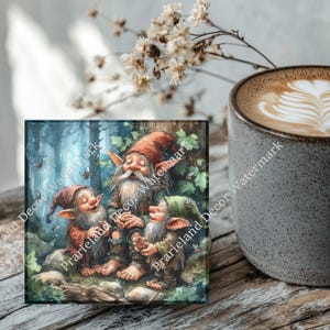 Singing Gnomes, Coaster Set, Tempered Glass Coaster with Rubber Feet, 4 in x 4 in, Set of 4, MYTH012