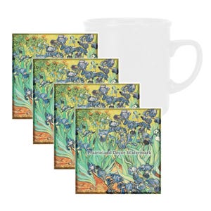 Irises by Van Gogh Coaster Set, Tempered Glass Coaster with Rubber Feet, 4 in x 4 in, Set of 4, FAMART005