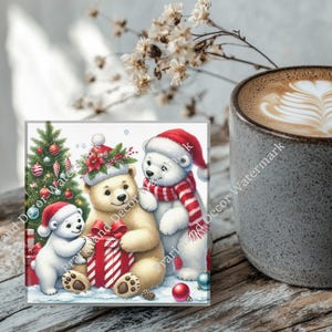 Christmas Decoration, Christmas Polar Bears, Coaster Set, Tempered Glass Coaster with Rubber Feet, 4 in x 4 in, Set of 4, XMAS011