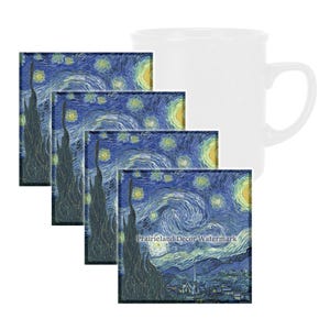 Starry Night by Van Gogh Coaster Set, Tempered Glass Coaster with Rubber Feet, 4 in x 4 in, Set of 4, FAMART006