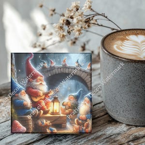 Gnomes Singing by a Bridge, Coaster Set, Tempered Glass Coaster with Rubber Feet, 4 in x 4 in, Set of 4, MYTH032
