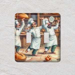 Mets, vin, cuisine dansante de chef, boulanger, cuisinier, cache interrupteur, plaque murale surdimensionnée, cache prise électrique, plaques murales en métal
