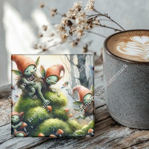 Happy Gnomes Playing Chess, Coaster Set, Tempered Glass Coaster with Rubber Feet, 4 in x 4 in, Set of 4, MYTH036