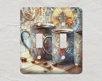 Stained Glass Pattern Coffee Mugs Metal Light Switch Cover, Oversized Wall Plates, UL Listed, CSA Approved