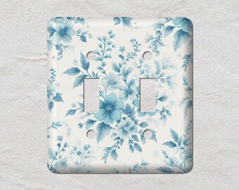 Cerulean Blue Flowers Toile Metal Light Switch Cover, Oversized Wall Plates, UL Listed, CSA Approved