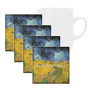 Wheat Field with Crows by Van Gogh Coaster Set, Tempered Glass Coaster with Rubber Feet, 4 in x 4 in, Set of 4, FAMART020