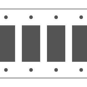 May include: A white, rectangular light switch plate with four rectangular openings for switches. Four small, dark gray dots are positioned around the openings, two above and two below.