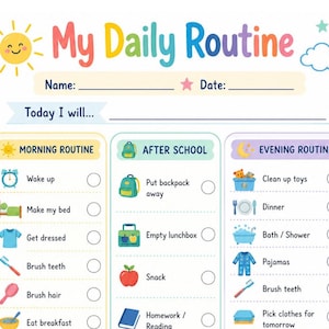 Może przedstawiać: Tabela z listą zadań My Daily Routine z sekcjami na poranne, popołudniowe i wieczorne obowiązki, kolorowymi ikonami, polami wyboru, miejscem na codzienne osiągnięcia oraz trackerem nastroju z pięcioma emotikonami na dole.