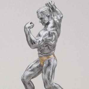 May include: A silver-colored trophy of a bodybuilder flexing his muscles. The figure is posed in a dynamic stance, wearing gold briefs, and is mounted on a dark brown base. The trophy is a representation of strength and athleticism.