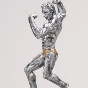 May include: Silver-colored statue of a bodybuilder flexing his muscles. The figure is posed on a round, silver base, which is mounted on a dark brown, rectangular base. The bodybuilder wears gold-colored briefs.
