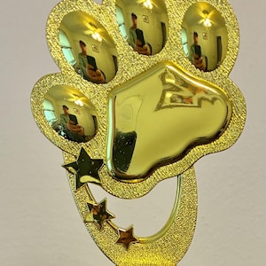May include: A gold-colored trophy with a paw print design. The paw print has five reflective ovals. Below the paw print are three gold stars. The base of the trophy is green.