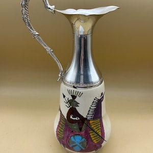 Ferri ceramic jug with handle and spout in hand-painted silver jug