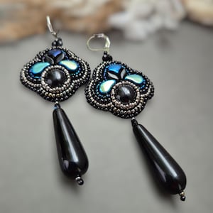 Black and Blue Bead Embroidery Earrings with Onyx – Long Dangles